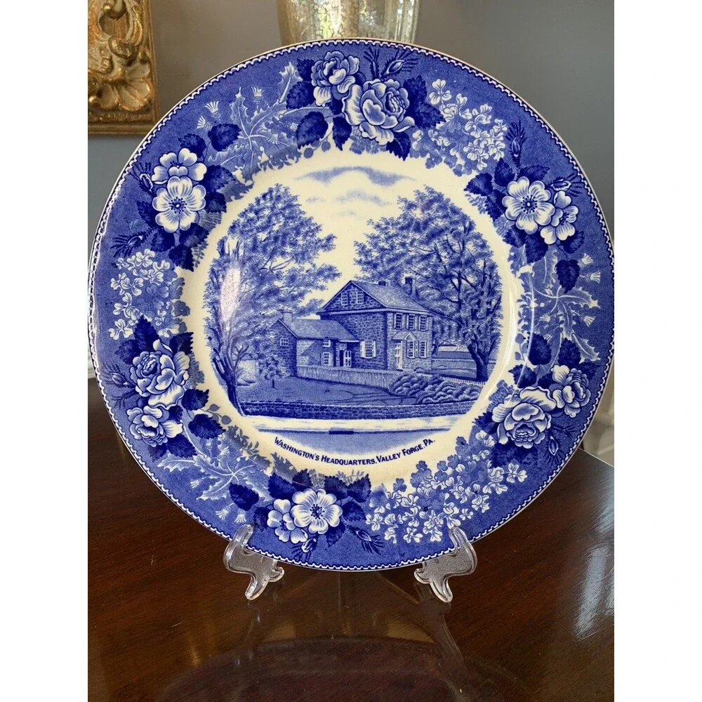 Washington's Headquarters At Valley Forge Plate Blue Transferware Adams Vintage